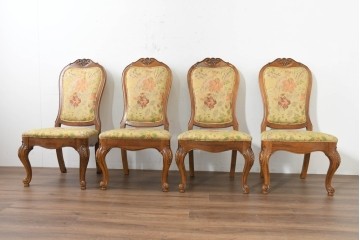 中古　アメリカ　美品　高級輸入家具　オーク材　花柄ファブリックと彫刻が優美なダイニングチェア4脚セット　(R-089638)