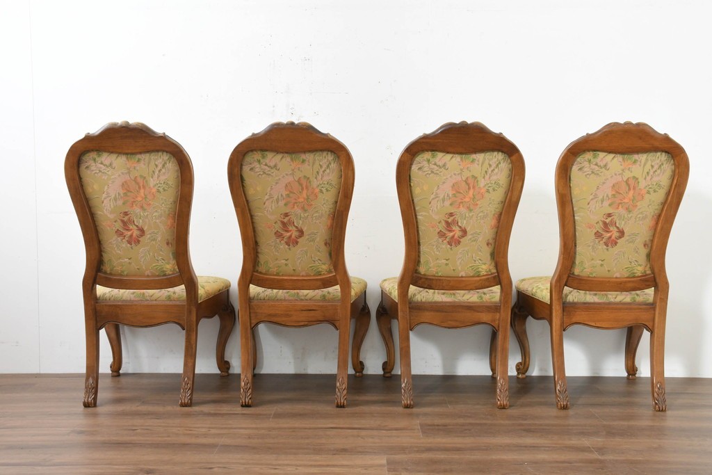 中古　アメリカ　美品　高級輸入家具　オーク材　花柄ファブリックと彫刻が優美なダイニングチェア4脚セット　(R-089638)