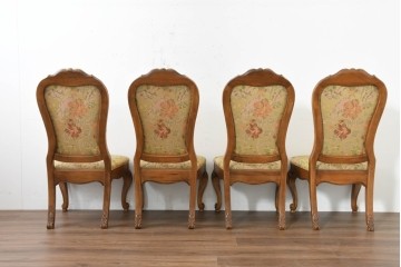 中古　アメリカ　美品　高級輸入家具　オーク材　花柄ファブリックと彫刻が優美なダイニングチェア4脚セット　(R-089638)