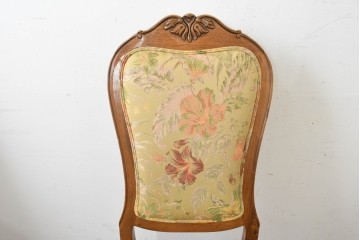 中古　アメリカ　美品　高級輸入家具　オーク材　花柄ファブリックと彫刻が優美なダイニングチェア4脚セット　(R-089638)