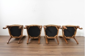 中古　アメリカ　美品　高級輸入家具　オーク材　花柄ファブリックと彫刻が優美なダイニングチェア4脚セット　(R-089638)