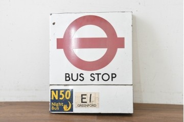 イギリスヴィンテージ　ロンドン交通局　プレーン・ラウンデル(Roundel)　BUS STOP(バスストップ)　バス停の看板　(R-089650)