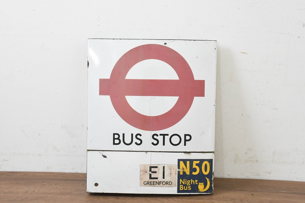 イギリスヴィンテージ　ロンドン交通局　プレーン・ラウンデル(Roundel)　BUS STOP(バスストップ)　バス停の看板　(R-089650)
