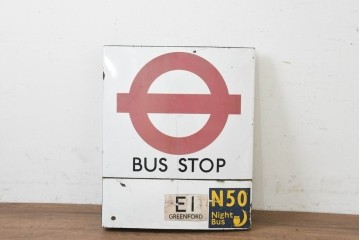 イギリスヴィンテージ　ロンドン交通局　プレーン・ラウンデル(Roundel)　BUS STOP(バスストップ)　バス停の看板　(R-089650)
