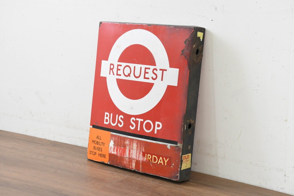 イギリスヴィンテージ　ロンドン交通局　ラウンデル(Roundel)　REQUEST BUS STOP(リクエスト・バスストップ)　バス停の看板　(R-089651)