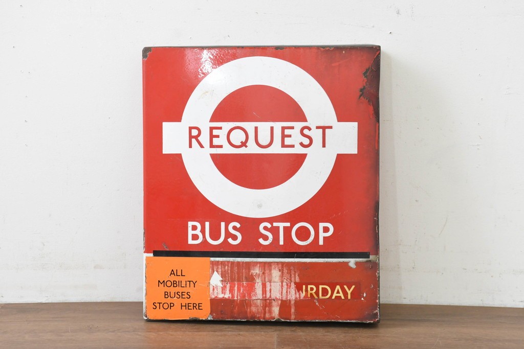 イギリスヴィンテージ　ロンドン交通局　ラウンデル(Roundel)　REQUEST BUS STOP(リクエスト・バスストップ)　バス停の看板　(R-089651)