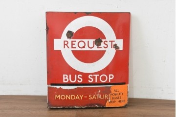 イギリスヴィンテージ　ロンドン交通局　ラウンデル(Roundel)　REQUEST BUS STOP(リクエスト・バスストップ)　バス停の看板　(R-089651)