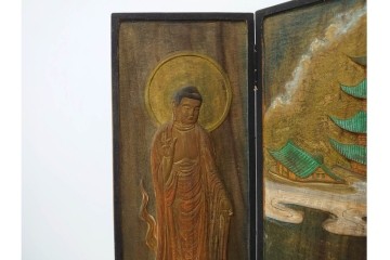 大正から昭和初期　在銘　木彫　高さ約91cm　彩色が美しい仏像　台・屏風付き　(R-089658)