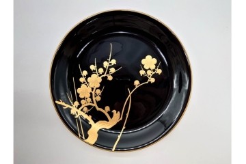 戦前　大正から昭和初期　木製漆器　蒔絵　直径約17cm(5.6寸)　気品漂う絵変わりの銘々皿6枚セット　外箱付き　(R-089678)