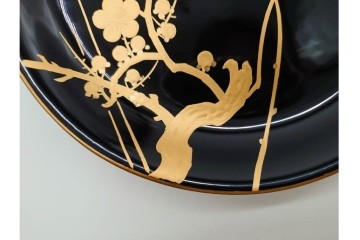 戦前　大正から昭和初期　木製漆器　蒔絵　直径約17cm(5.6寸)　気品漂う絵変わりの銘々皿6枚セット　外箱付き　(R-089678)
