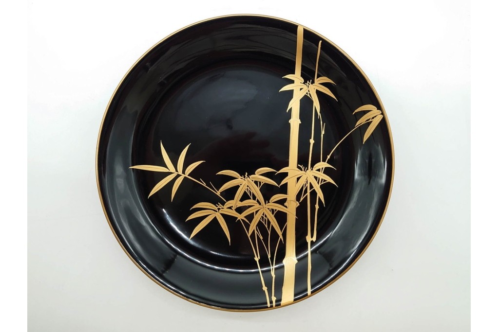 戦前　大正から昭和初期　木製漆器　蒔絵　直径約17cm(5.6寸)　気品漂う絵変わりの銘々皿6枚セット　外箱付き　(R-089678)