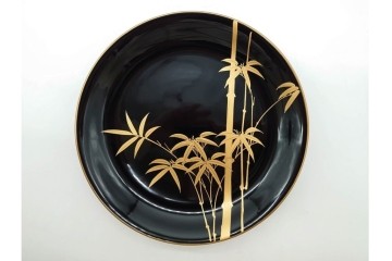 戦前　大正から昭和初期　木製漆器　蒔絵　直径約17cm(5.6寸)　気品漂う絵変わりの銘々皿6枚セット　外箱付き　(R-089678)