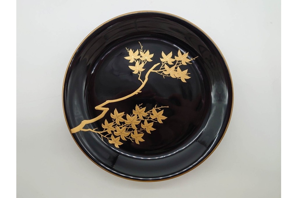 戦前　大正から昭和初期　木製漆器　蒔絵　直径約17cm(5.6寸)　気品漂う絵変わりの銘々皿6枚セット　外箱付き　(R-089678)