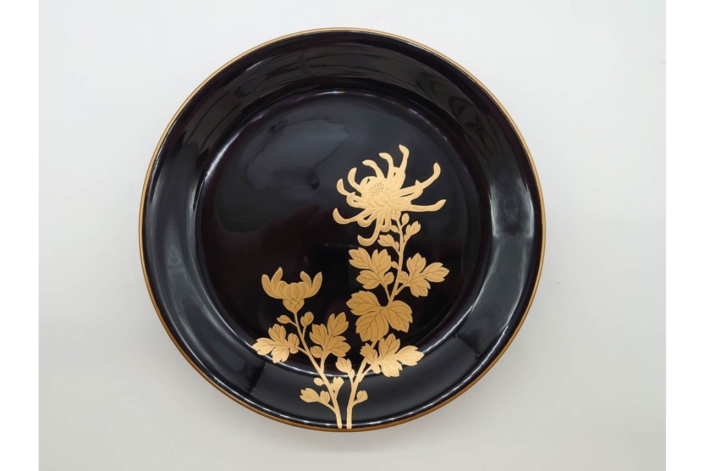 戦前　大正から昭和初期　木製漆器　蒔絵　直径約17cm(5.6寸)　気品漂う絵変わりの銘々皿6枚セット　外箱付き　(R-089678)