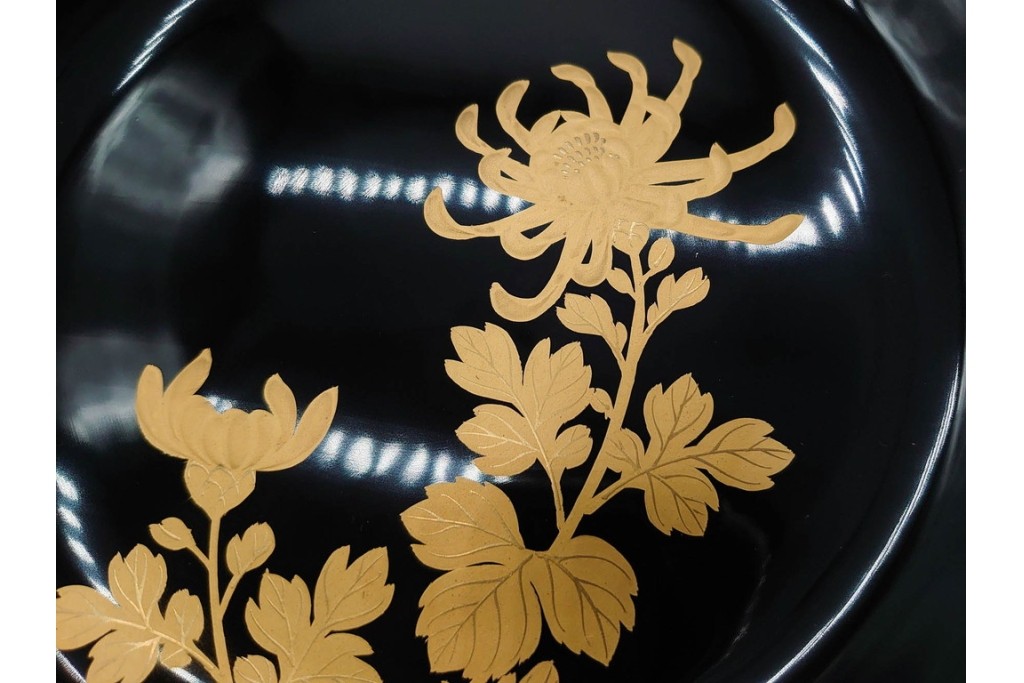 戦前　大正から昭和初期　木製漆器　蒔絵　直径約17cm(5.6寸)　気品漂う絵変わりの銘々皿6枚セット　外箱付き　(R-089678)