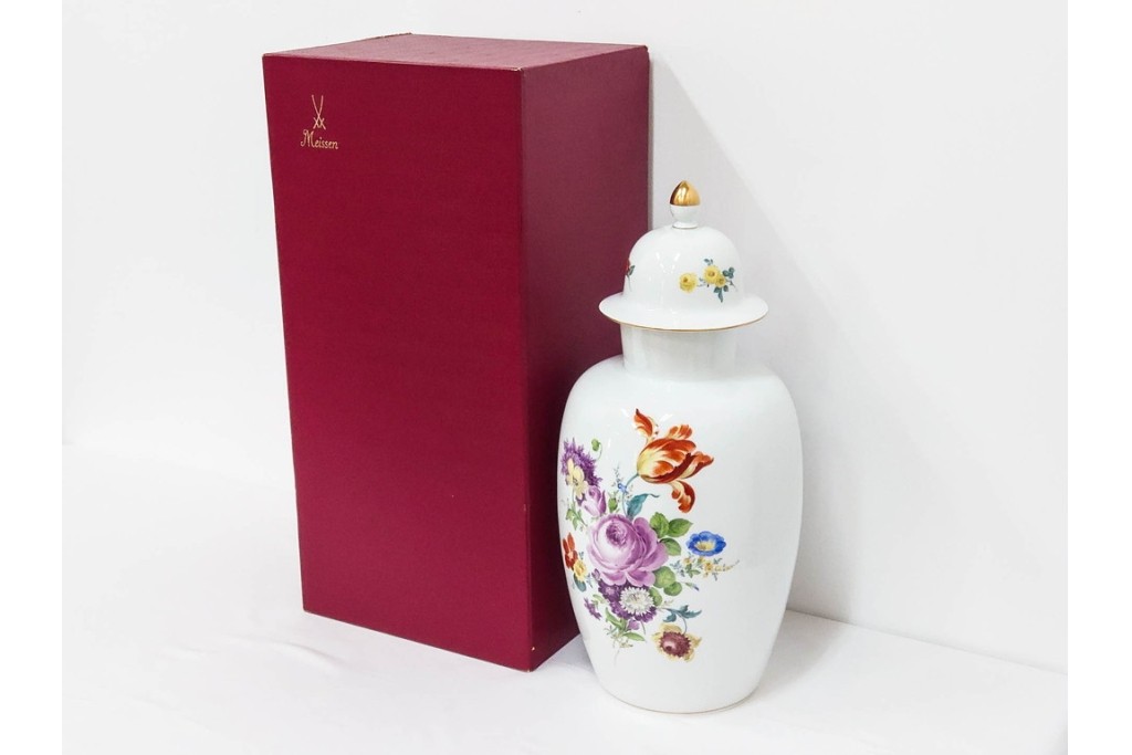 ドイツ製　Meissen(マイセン)　フラワーブーケ　高さ約53cm　華やかな蓋付きフラワーベース　外箱付き　(R-089689)