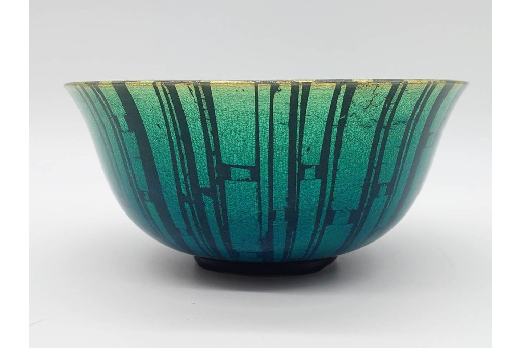 小野珀子　釉裏金彩　直径約18cm(5.9寸)　深みのある青緑の輝きが美しい菓子鉢　共箱付き　(R-089695)