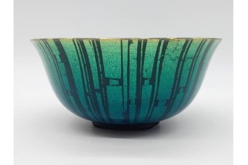 小野珀子　釉裏金彩　直径約18cm(5.9寸)　深みのある青緑の輝きが美しい菓子鉢　共箱付き　(R-089695)