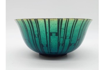 小野珀子　釉裏金彩　直径約18cm(5.9寸)　深みのある青緑の輝きが美しい菓子鉢　共箱付き　(R-089695)