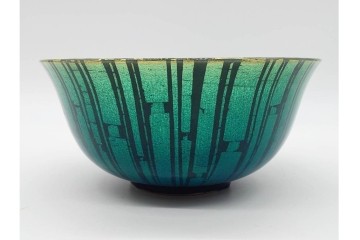 小野珀子　釉裏金彩　直径約18cm(5.9寸)　深みのある青緑の輝きが美しい菓子鉢　共箱付き　(R-089695)