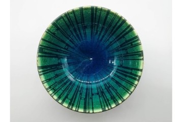 小野珀子　釉裏金彩　直径約18cm(5.9寸)　深みのある青緑の輝きが美しい菓子鉢　共箱付き　(R-089695)