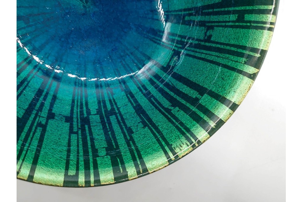 小野珀子　釉裏金彩　直径約18cm(5.9寸)　深みのある青緑の輝きが美しい菓子鉢　共箱付き　(R-089695)
