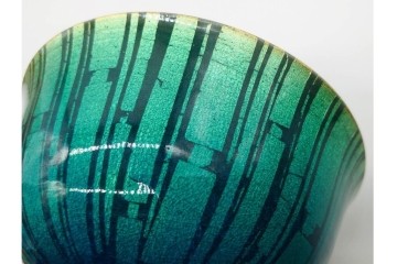 小野珀子　釉裏金彩　直径約18cm(5.9寸)　深みのある青緑の輝きが美しい菓子鉢　共箱付き　(R-089695)