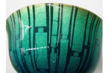 小野珀子　釉裏金彩　直径約18cm(5.9寸)　深みのある青緑の輝きが美しい菓子鉢　共箱付き　(R-089695)