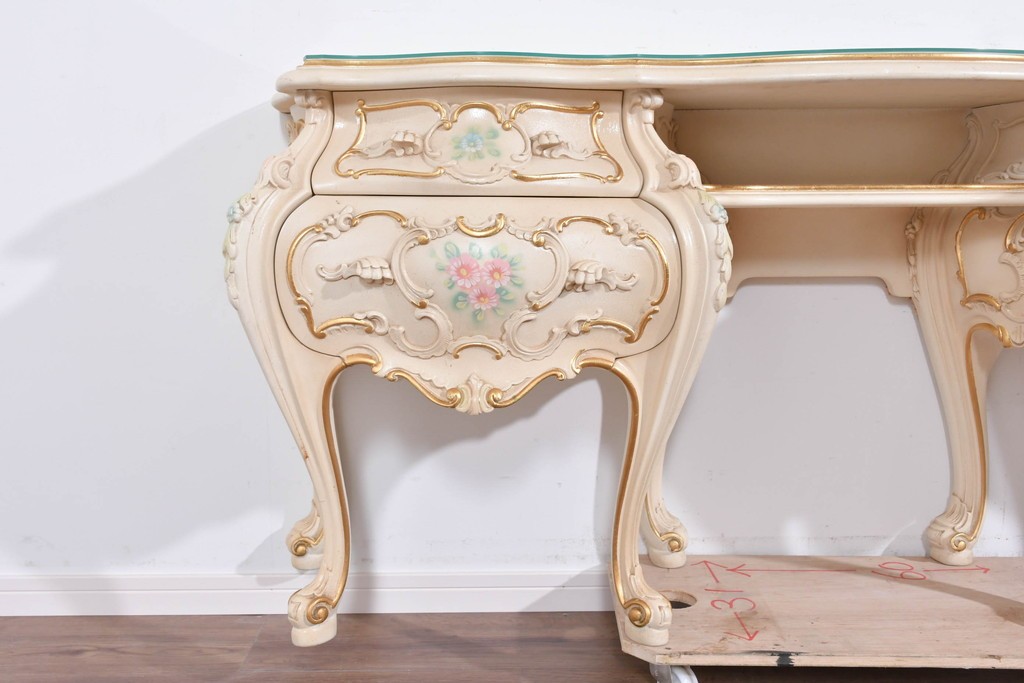 中古　美品　SILIK(シリック)　ロココ調　優美な花柄とゴールドの装飾が華やかな引き出し付きコンソールテーブル　現行定価約180万円　(R-089712)