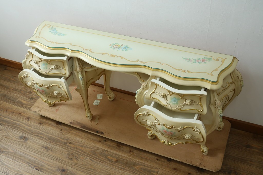 中古　美品　SILIK(シリック)　ロココ調　優美な花柄とゴールドの装飾が華やかな引き出し付きコンソールテーブル　現行定価約180万円　(R-089712)