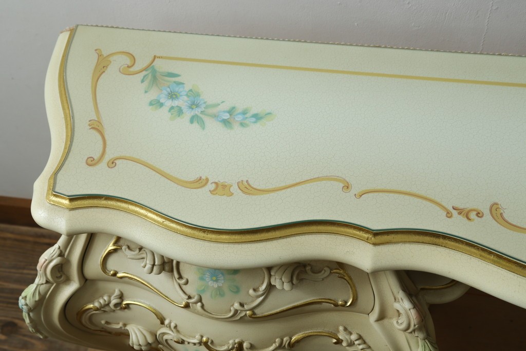 中古　美品　SILIK(シリック)　ロココ調　優美な花柄とゴールドの装飾が華やかな引き出し付きコンソールテーブル　現行定価約180万円　(R-089712)
