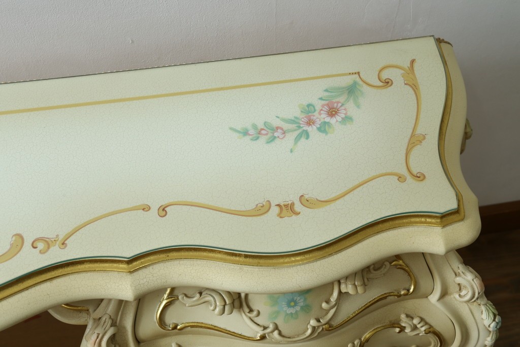 中古　美品　SILIK(シリック)　ロココ調　優美な花柄とゴールドの装飾が華やかな引き出し付きコンソールテーブル　現行定価約180万円　(R-089712)