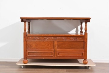 中古　美品　花梨(カリン)無垢材　多機能デザインが魅力の彫刻入りモンクスベンチ　(R-089721)