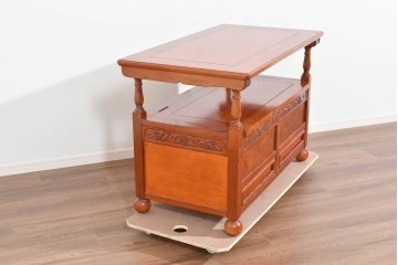中古　美品　花梨(カリン)無垢材　多機能デザインが魅力の彫刻入りモンクスベンチ　(R-089721)