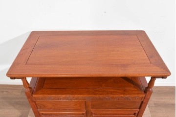 中古　美品　花梨(カリン)無垢材　多機能デザインが魅力の彫刻入りモンクスベンチ　(R-089721)