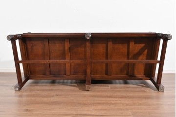 中古　美品　松本民芸家具　挽物の意匠が上品な3人掛けD型布張りイス　(R-089725)