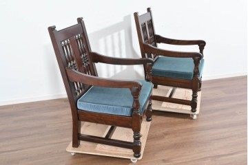 中古　美品　松本民芸家具　挽物の意匠が美しい1人掛けD型布張りイス2脚セット　(R-089726)
