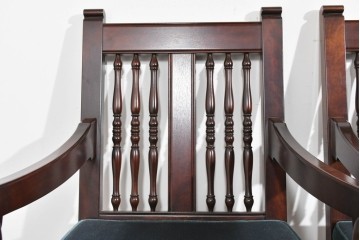 中古　美品　松本民芸家具　挽物の意匠が美しい1人掛けD型布張りイス2脚セット　(R-089726)