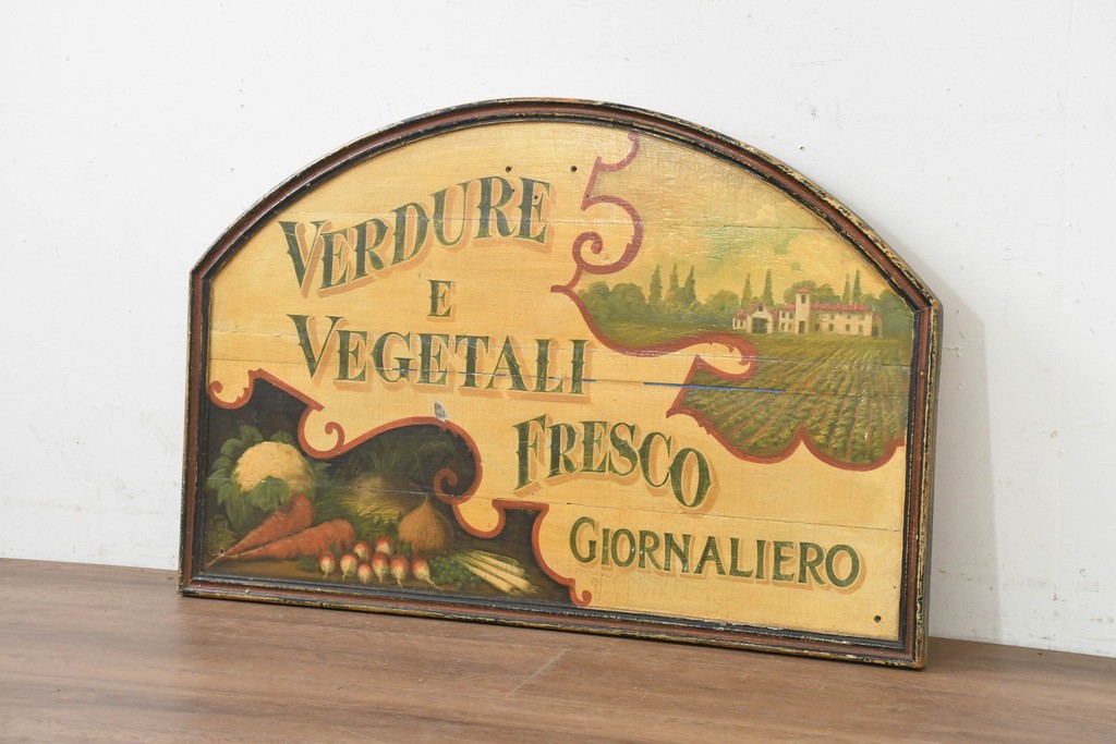 イタリアヴィンテージ　1950年から1970年頃　著名工房ペイント作品　ビストロの店舗什器としておすすめ!　野菜と農園風景を描いた青果店風ペイント看板　(R-089746)