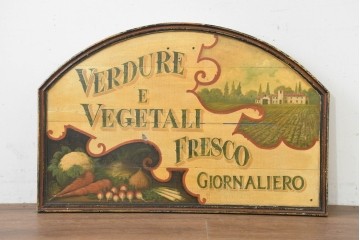 イタリアヴィンテージ　1950年から1970年頃　著名工房ペイント作品　ビストロの店舗什器としておすすめ!　野菜と農園風景を描いた青果店風ペイント看板　(R-089746)