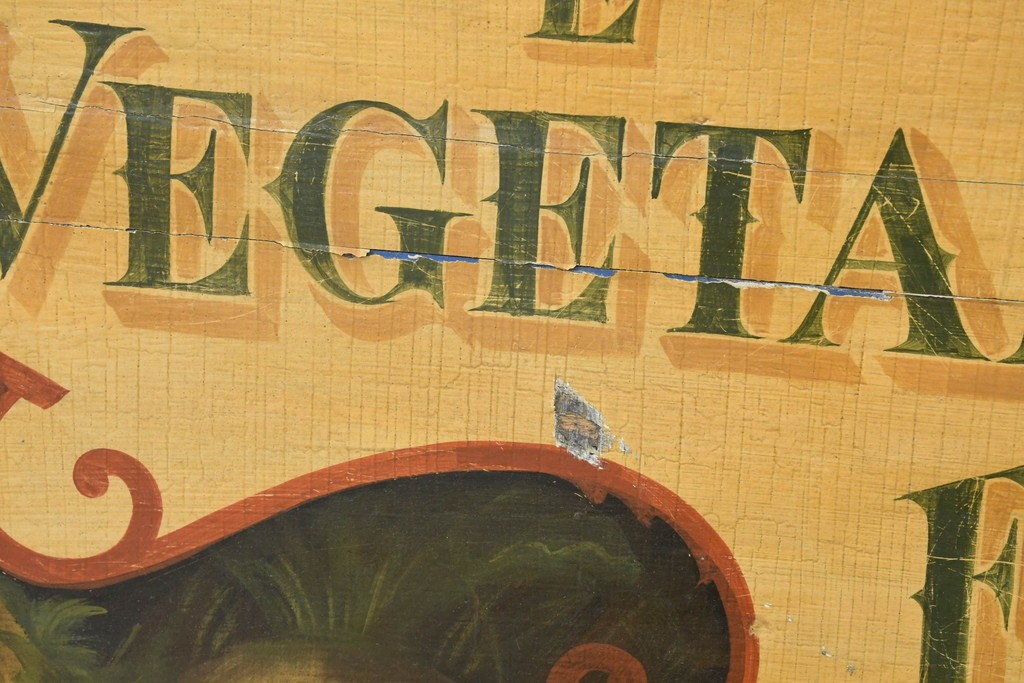 イタリアヴィンテージ　1950年から1970年頃　著名工房ペイント作品　ビストロの店舗什器としておすすめ!　野菜と農園風景を描いた青果店風ペイント看板　(R-089746)