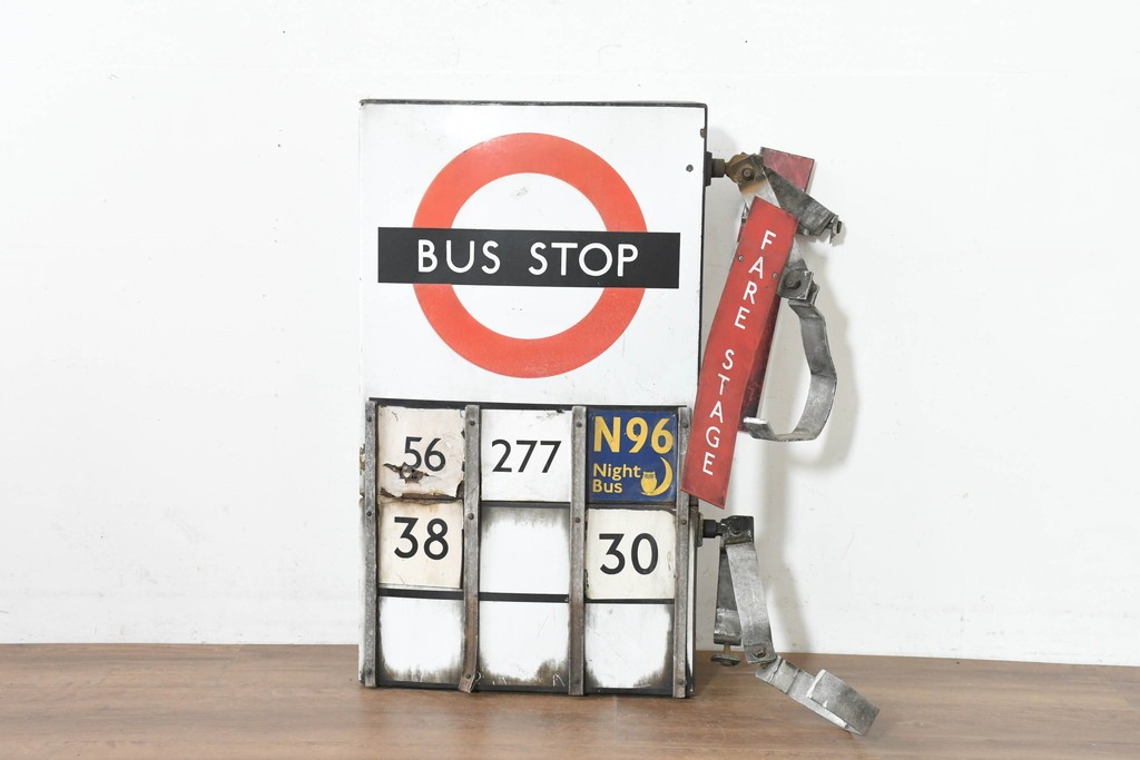 イギリスヴィンテージ　1950年から1970年頃　ロンドン交通局　ラウンデル(Roundel)　BUS STOP(バスストップ)　レトロな魅力あふれるバス停看板　(R-089757)