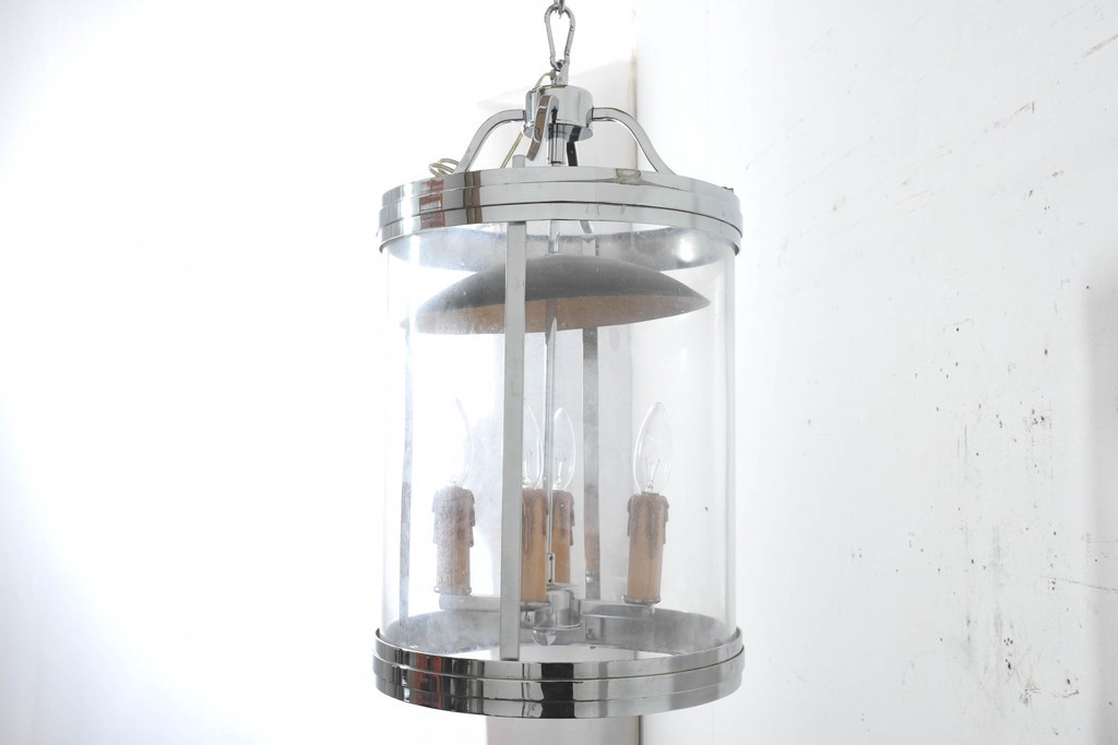 中古　美品　大型　クロムメッキ　ランタン風デザインのキャンドル型ペンダントライト　(R-089790)