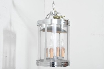 中古　美品　大型　クロムメッキ　ランタン風デザインのキャンドル型ペンダントライト　(R-089790)
