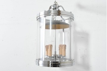 中古　美品　大型　クロムメッキ　ランタン風デザインのキャンドル型ペンダントライト　(R-089791)