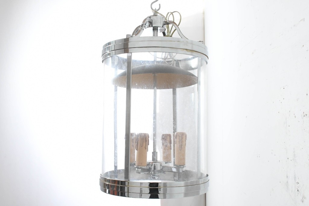 中古　美品　大型　クロムメッキ　ランタン風デザインのキャンドル型ペンダントライト　(R-089791)