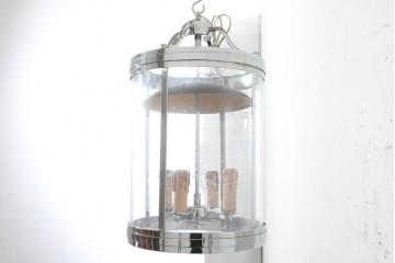 中古　美品　大型　クロムメッキ　ランタン風デザインのキャンドル型ペンダントライト　(R-089791)