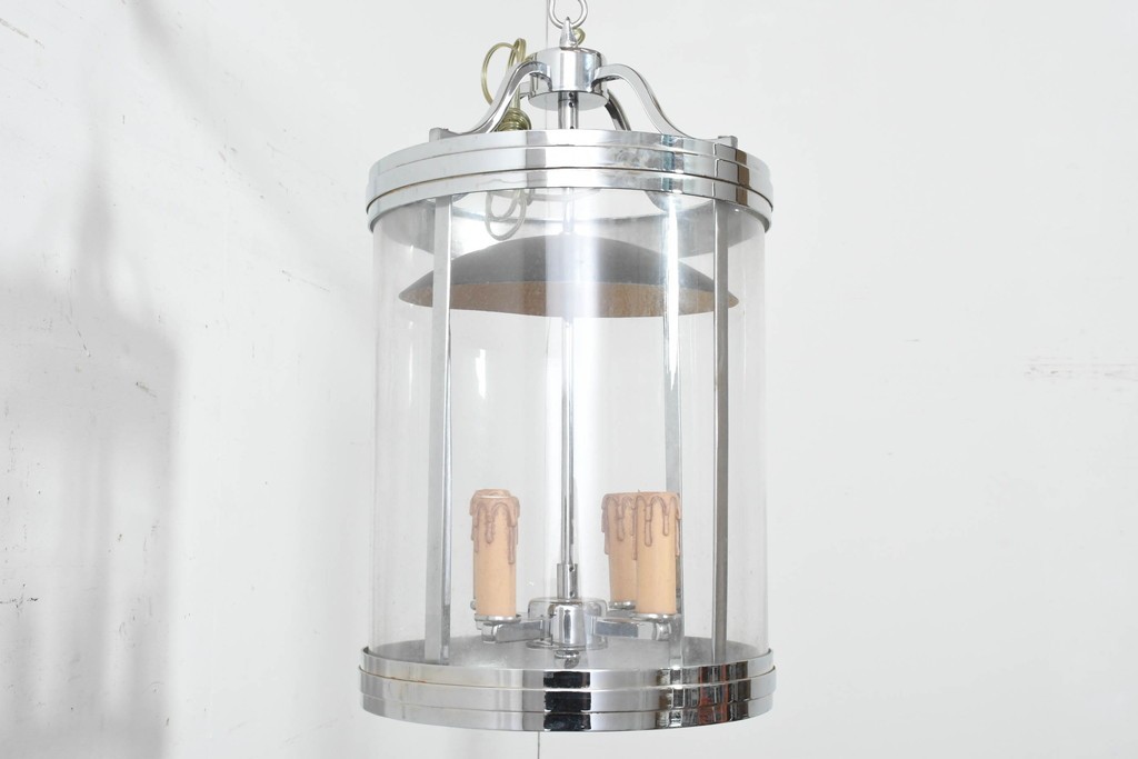 中古　美品　大型　クロムメッキ　ランタン風デザインのキャンドル型ペンダントライト　(R-089791)