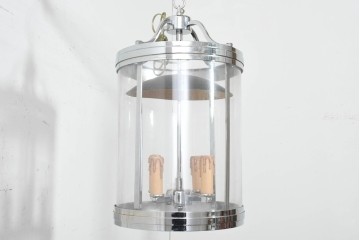 中古　美品　大型　クロムメッキ　ランタン風デザインのキャンドル型ペンダントライト　(R-089791)