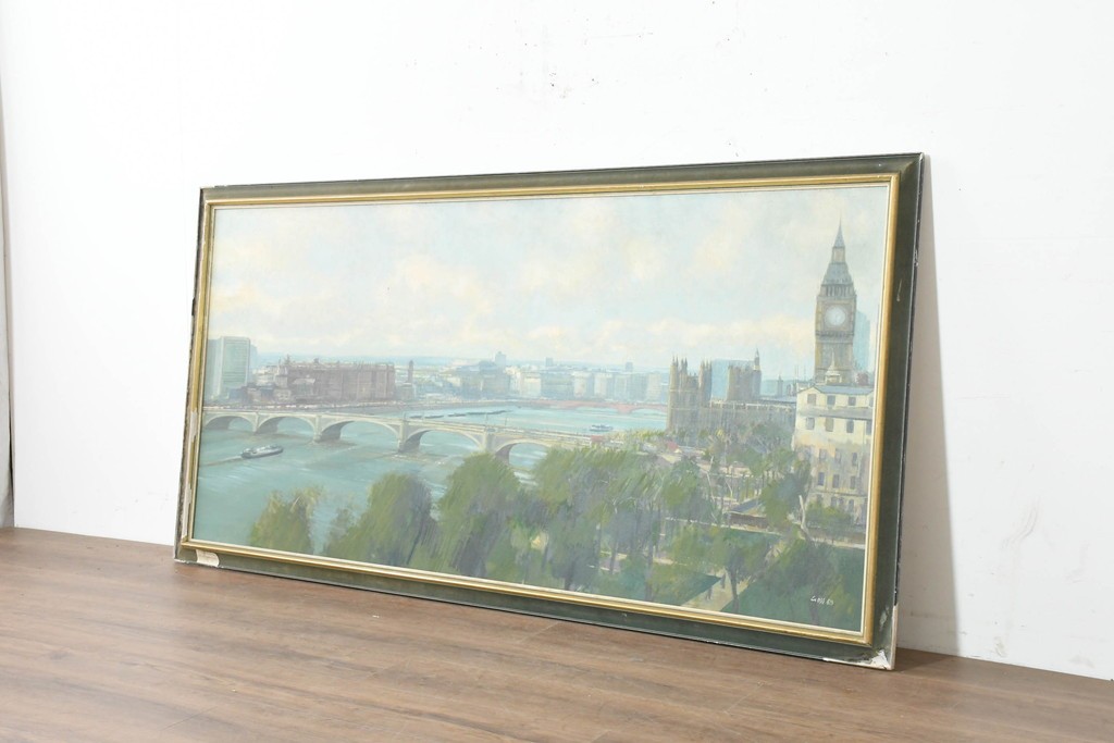 【簡易リペア限定品】　イギリスヴィンテージ　特大!!　肉筆油彩画　ロンドンを見下ろすパノラマ構図のインテリアアート　(R-089813)